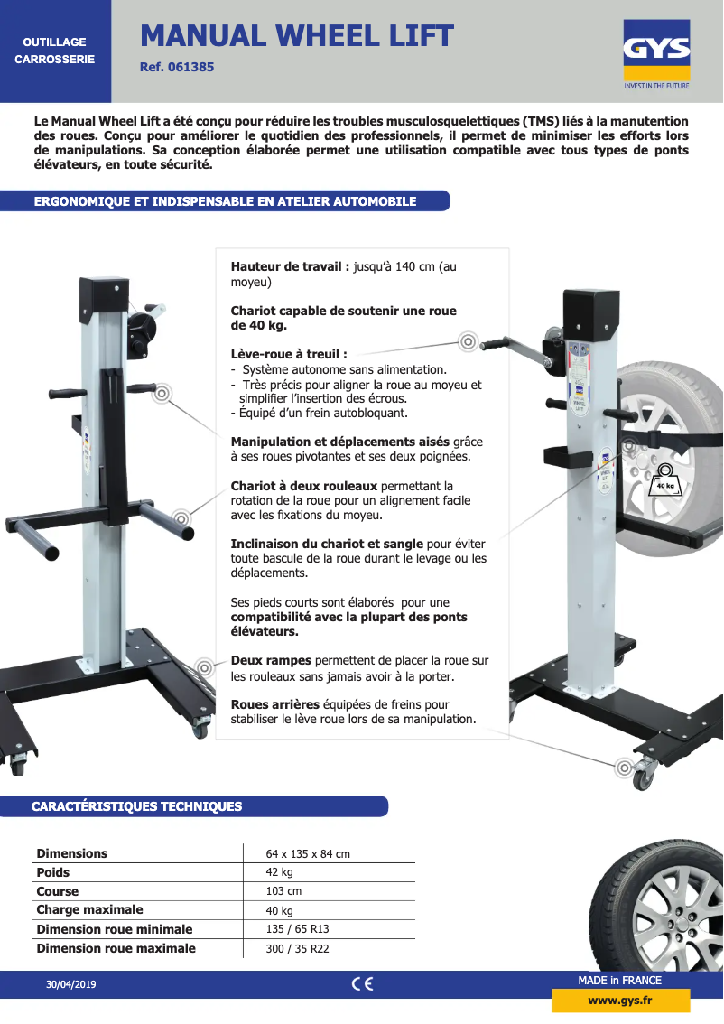 Página 1 del manual Ficha técnica GYS Wheel Lift