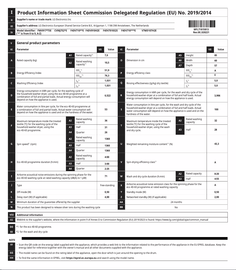 Página 1 del manual Ficha técnica LG F4DV710H1E