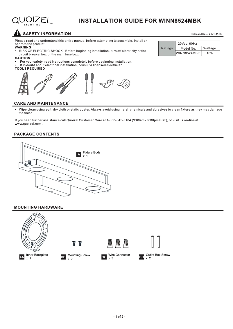 Página 1 del manual Manual de usuario Quoizel Winnett WINN8524MBK