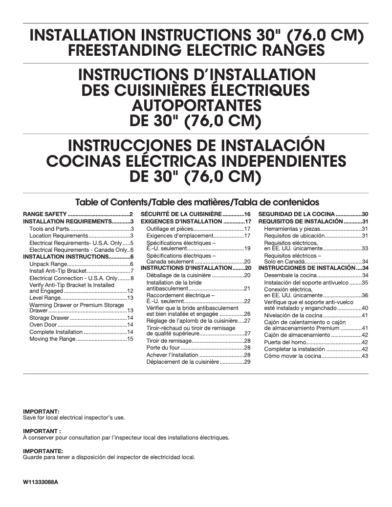 Página 1 del manual Guía de instalación Whirlpool WFE525S0JB