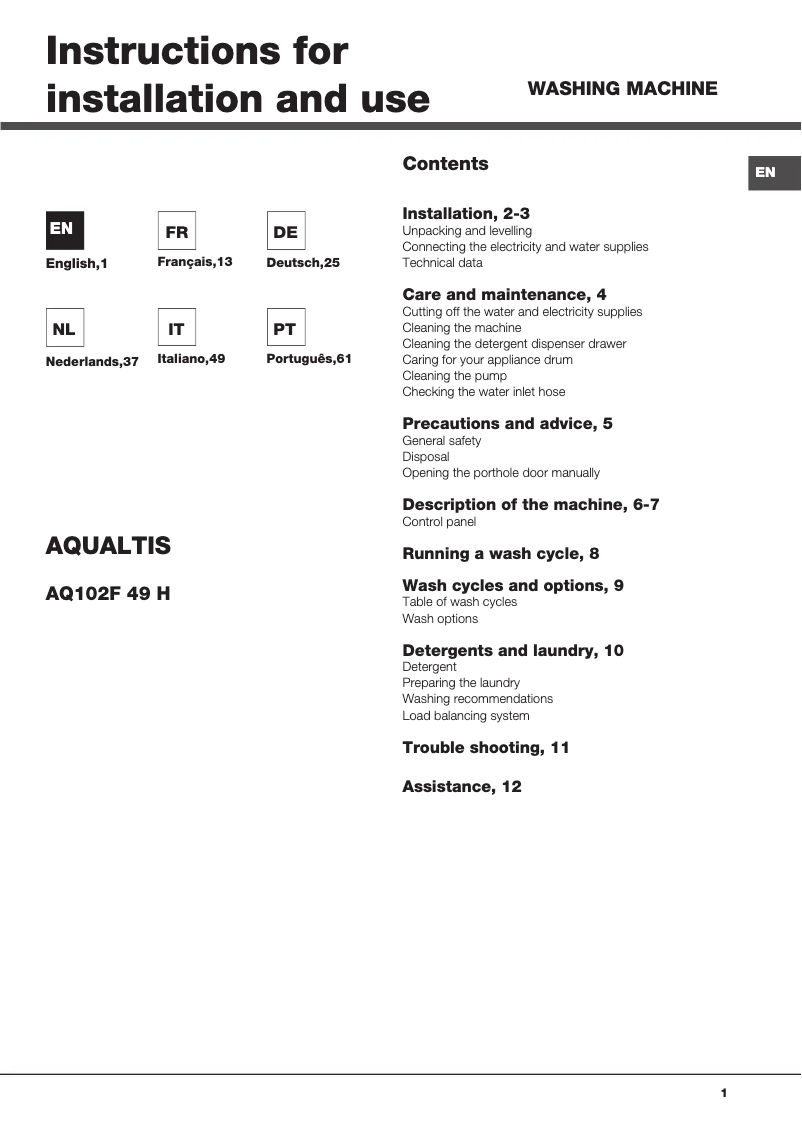 Imagen de la primera página del manual del dispositivo Aqualtis AQ102F 49H EU