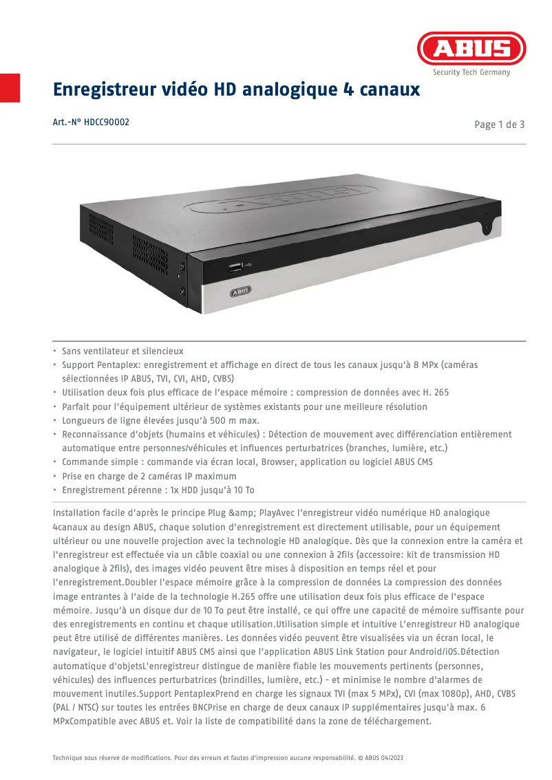 Página 1 del manual Ficha técnica Abus HDCC90002