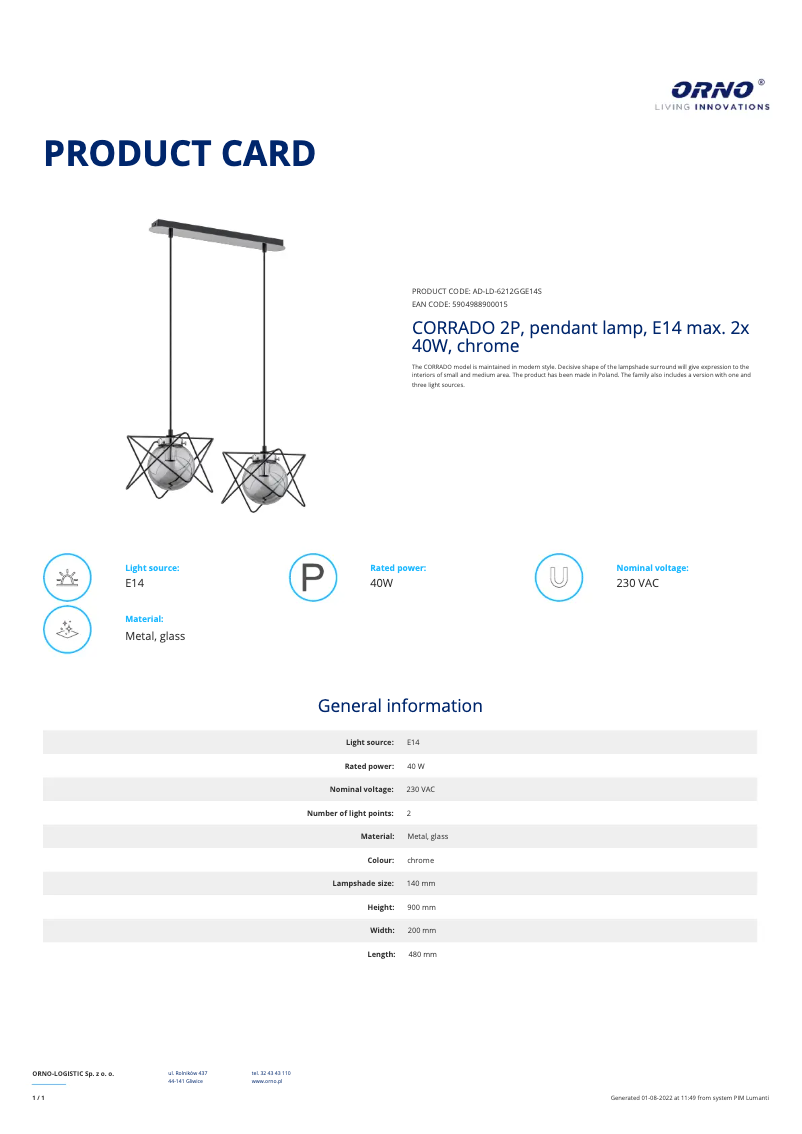 Página 1 del manual Ficha técnica Adviti AD-LD-6212GGE14S