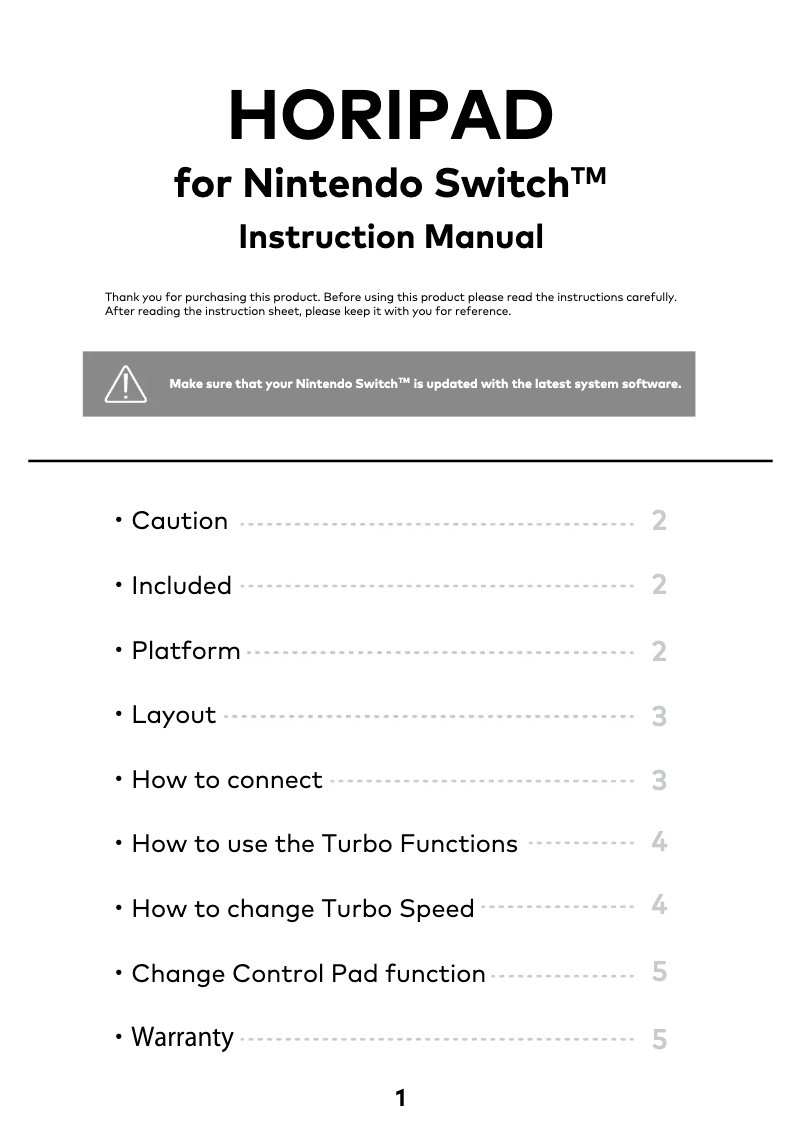 Página 1 del manual Manual de usuario Hori Horipad for Nintendo Switch