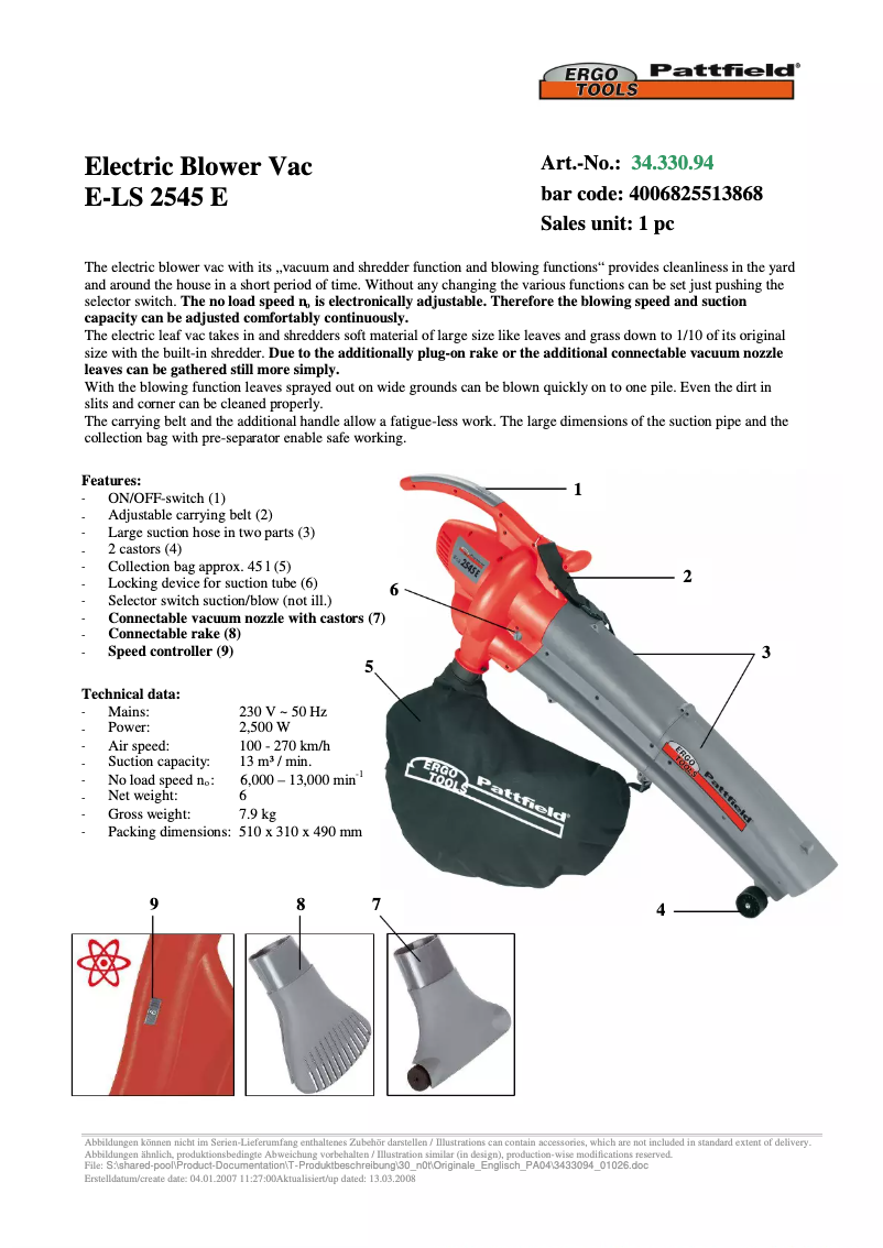 Página 1 del manual Ficha técnica Ergotools Pattfield E-LS 2545 E
