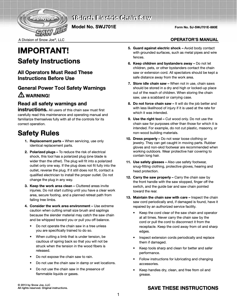 Página 1 del manual Manual de usuario Snow Joe Saw Joe SWJ701E