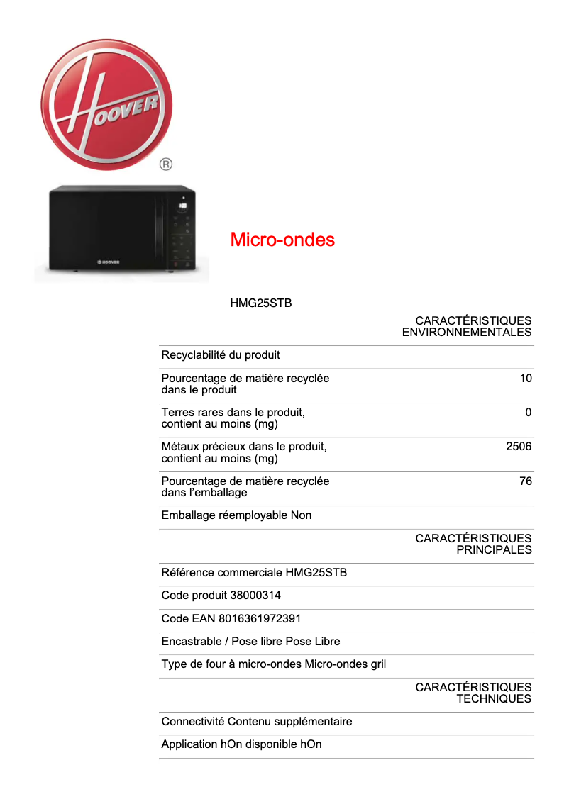 Página nº 1 - Ficha técnica Hoover CHEFVOLUTION HMG25STB