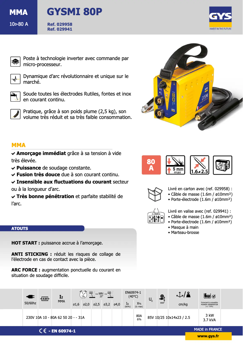 Página 1 del manual Ficha técnica GYS GYSMI 80P