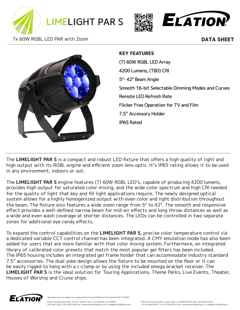 Imagen de la primera página del manual del dispositivo Limelight Par S