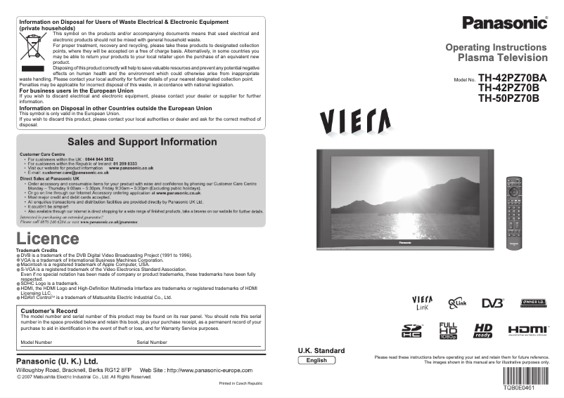 Página nº 1 - Manual de usuario Panasonic Viera TH-42PZ70B