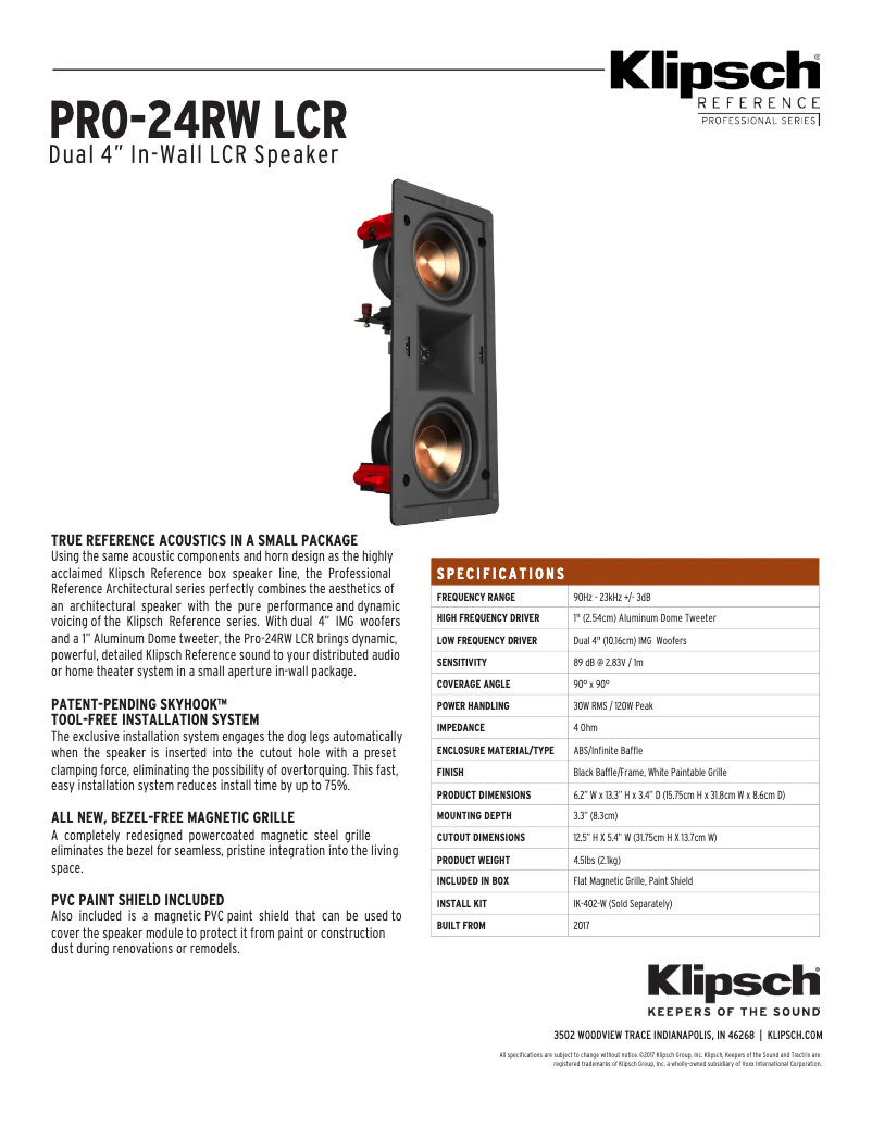 Página 1 del manual Ficha técnica Klipsch PRO-24RW LCR