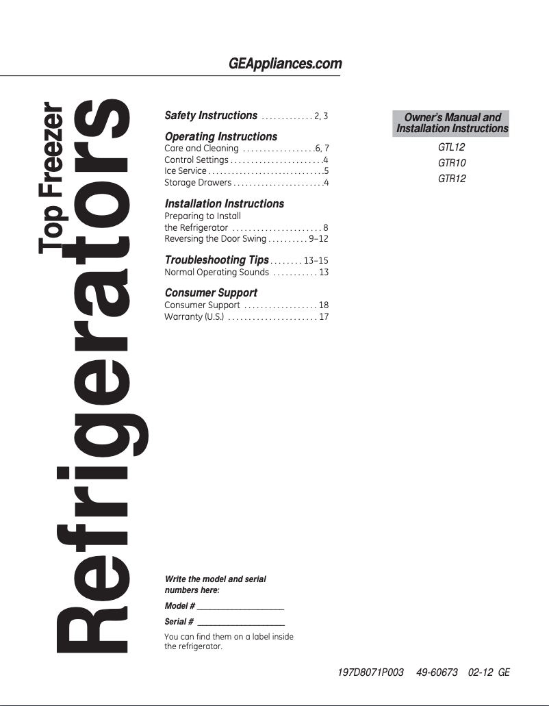 Imagen de la primera página del manual del dispositivo GTR12HBXRWW