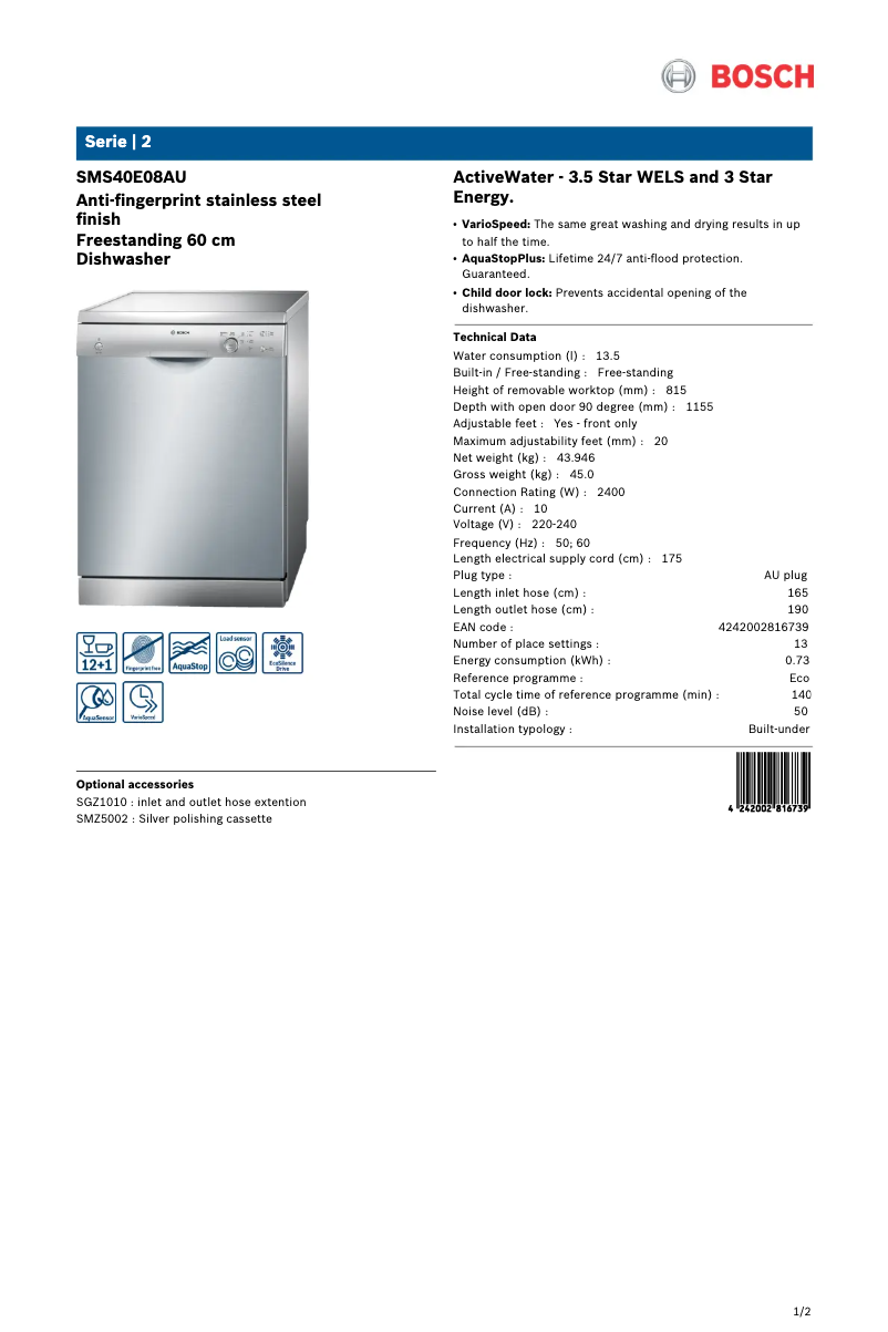 Página nº 1 - Ficha técnica Bosch SMS40E08AU