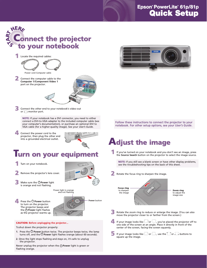 Imagen de la primera página del manual del dispositivo PowerLite 81p