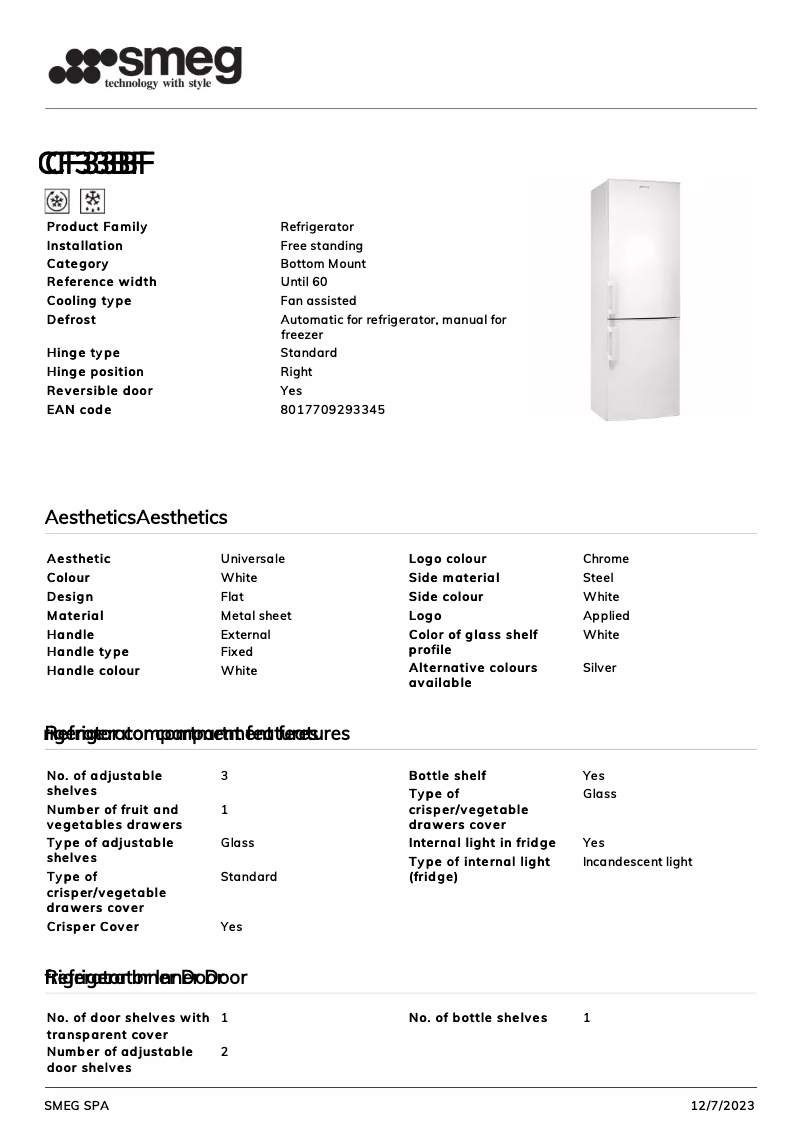 Página 1 del manual Ficha técnica Smeg CF33BF