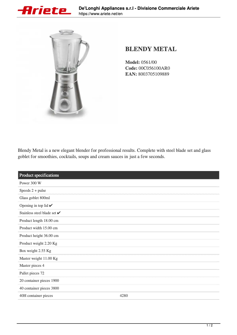 Página 1 del manual Ficha técnica Ariete Blendy Metal 561