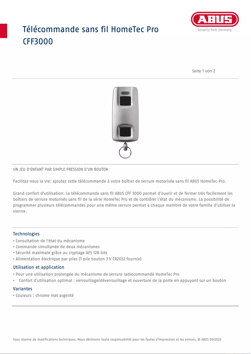 Página 1 del manual Ficha técnica Abus HomeTec Pro CFF3000
