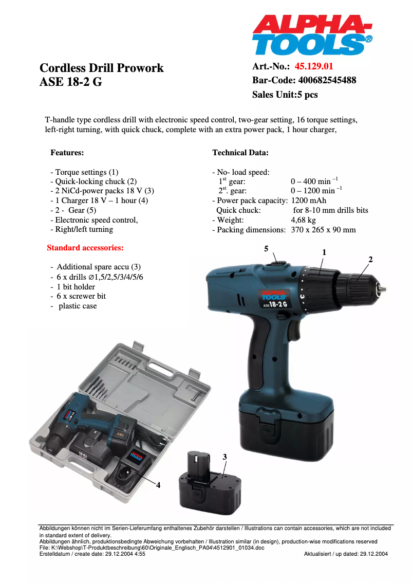 Página 1 del manual Ficha técnica Alpha Tools ASE 18/2 G