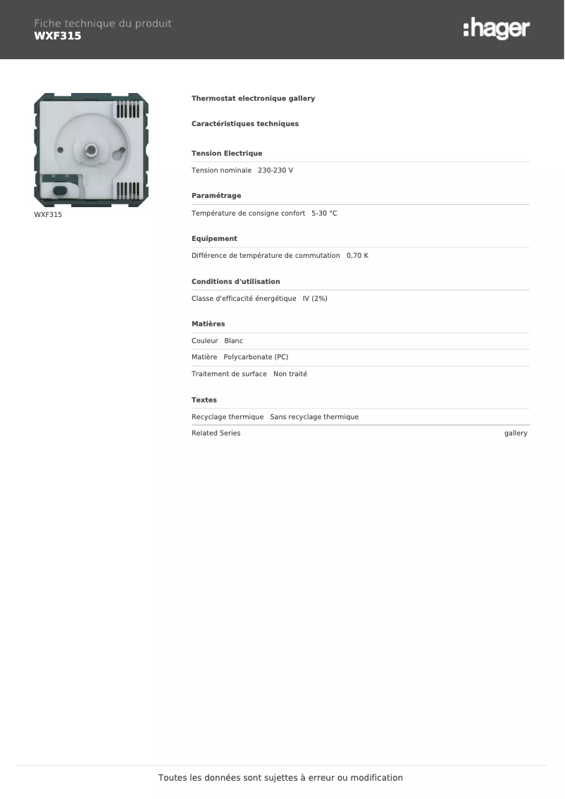 Página 1 del manual Ficha técnica Hager WXF315