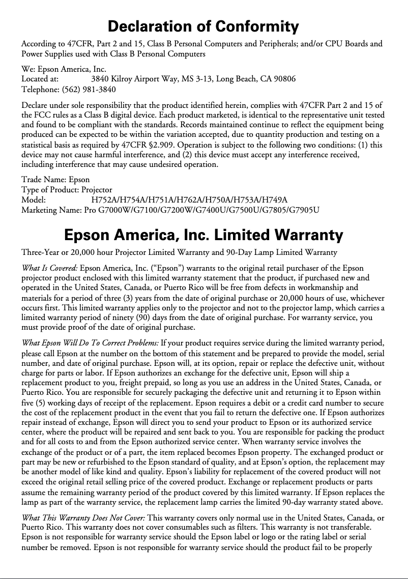 Página 1 del manual Información de garantía Epson Pro G7905U