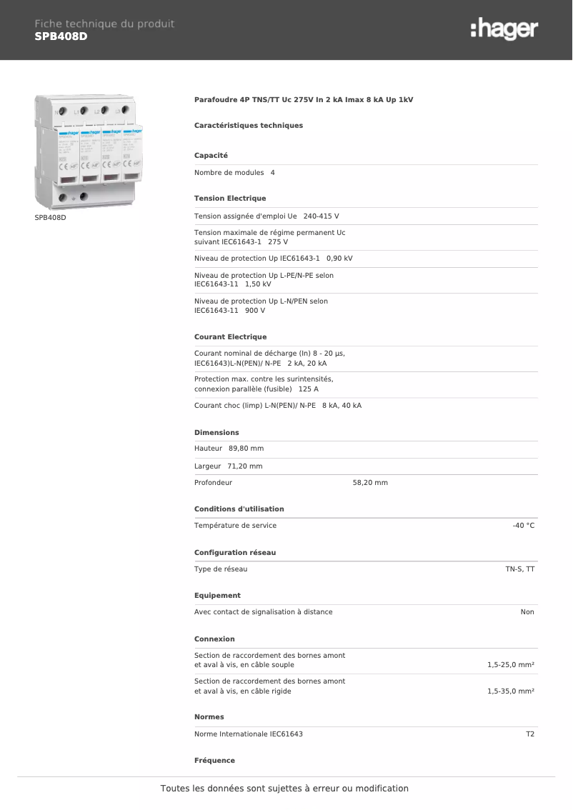 Página 1 del manual Ficha técnica Hager SPB408D