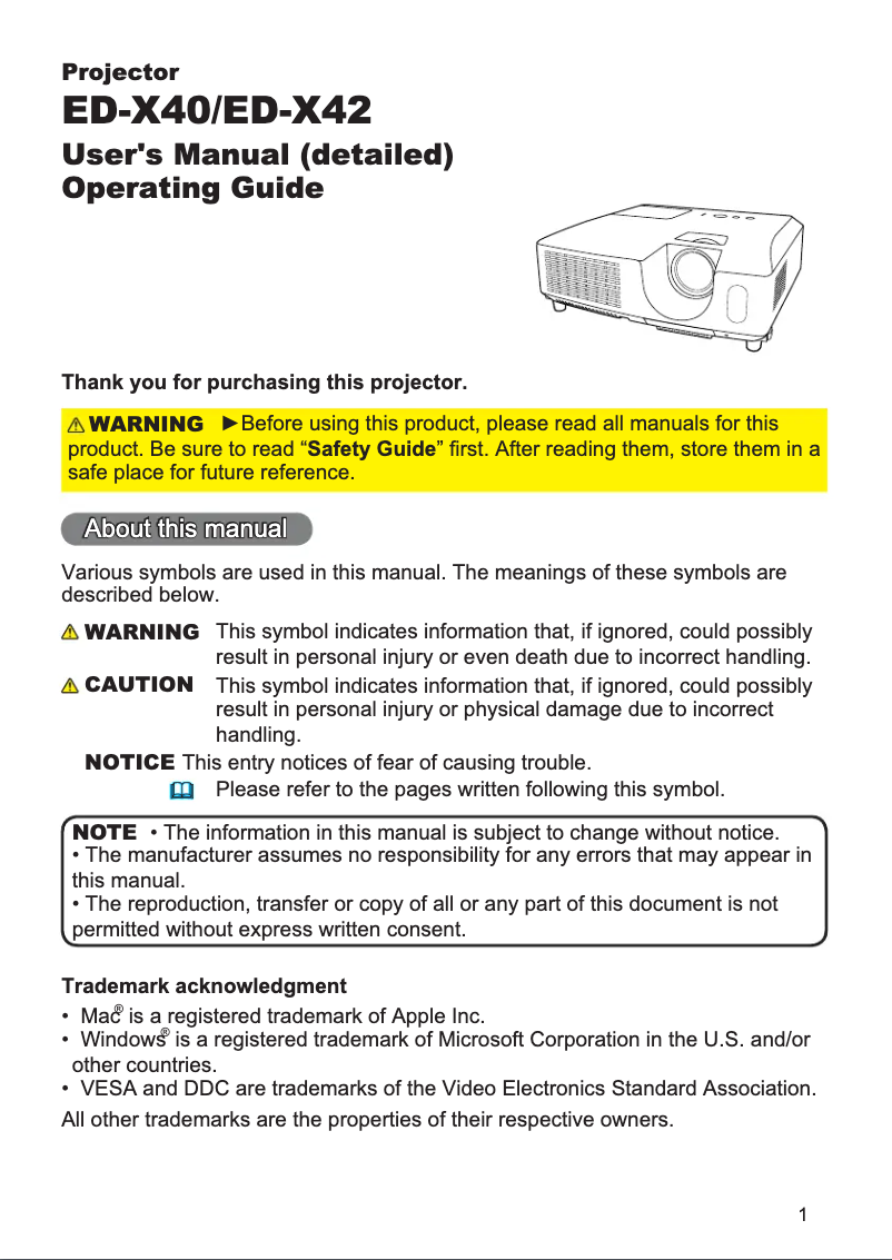 Imagen de la primera página del manual del dispositivo ED-X40EF