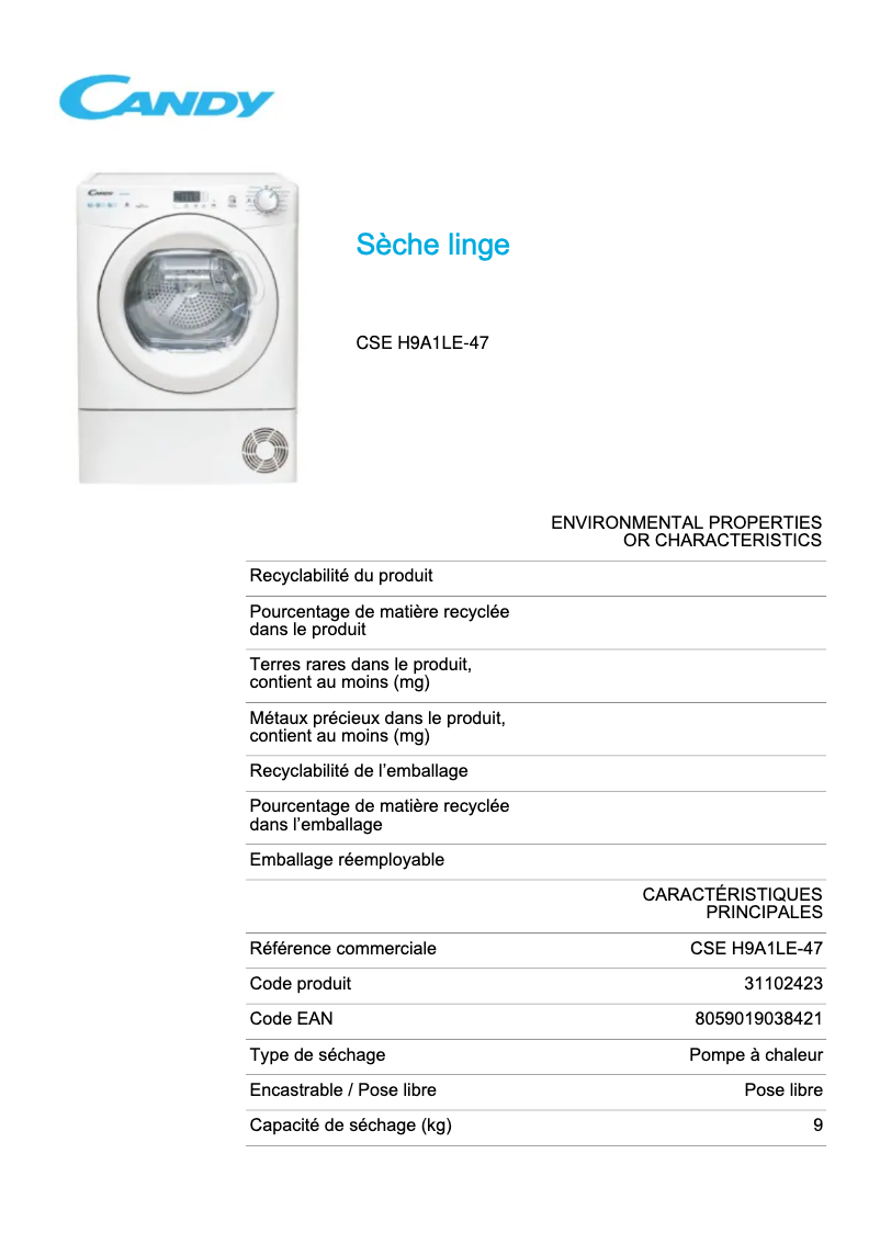 Página 1 del manual Ficha técnica Candy CSE H9A1LE-47