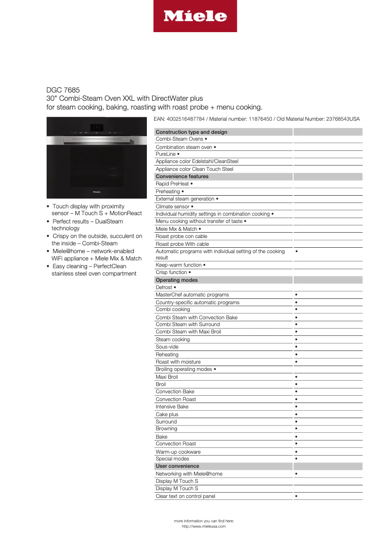Página 1 del manual Ficha técnica Miele DGC 7685