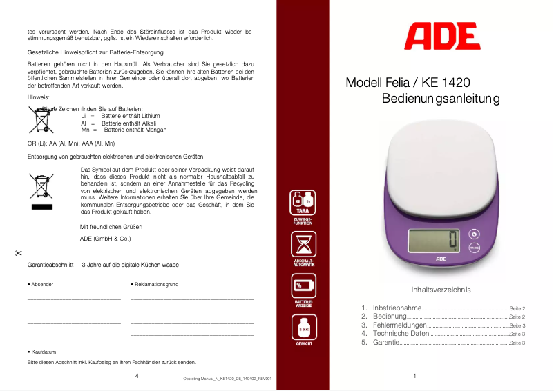 Página 1 del manual Manual de usuario ADE Felia KE 1420