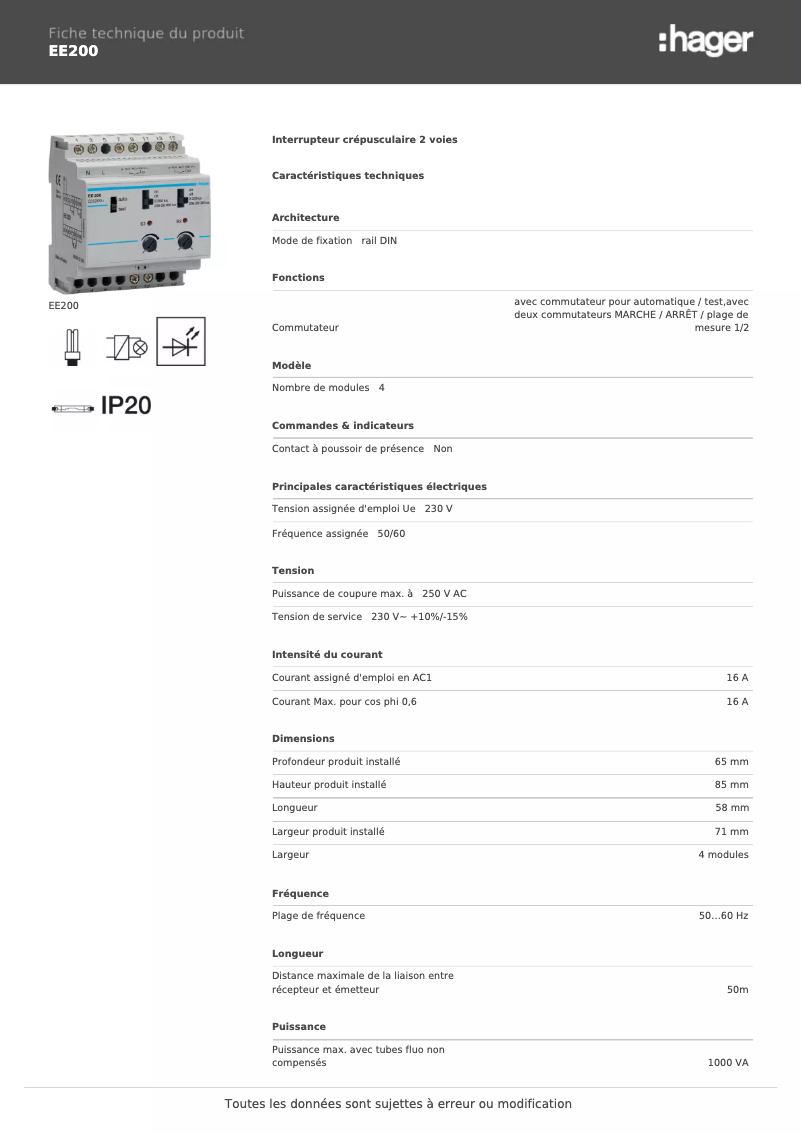 Página 1 del manual Ficha técnica Hager EE200