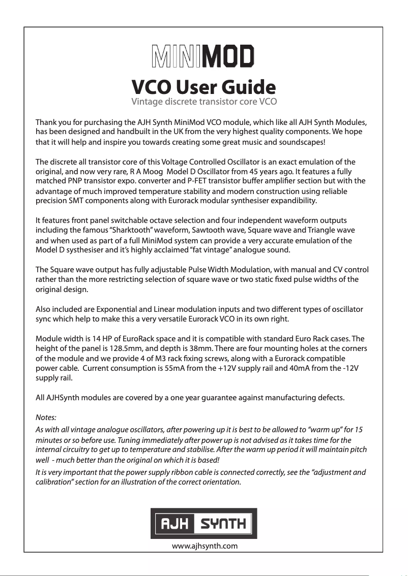 Imagen de la primera página del manual del dispositivo MiniMod VCO