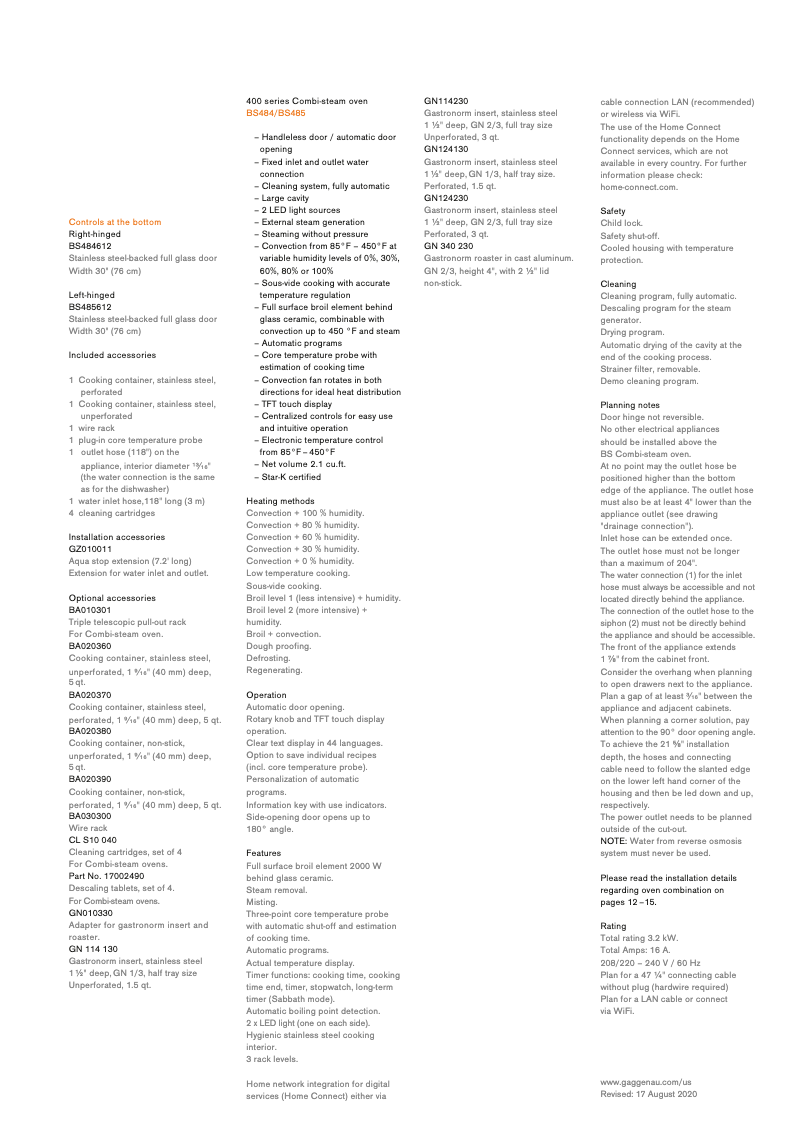 Página 1 del manual Ficha técnica Gaggenau BS485612