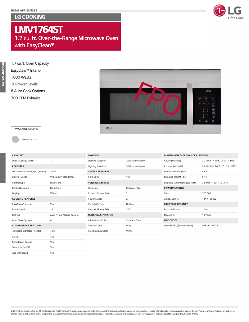 Página 1 del manual Ficha técnica LG LMV1764ST