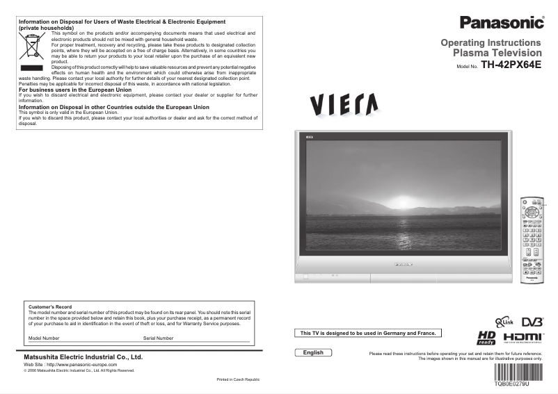 Imagen de la primera página del manual del dispositivo Viera TH-42PX64E