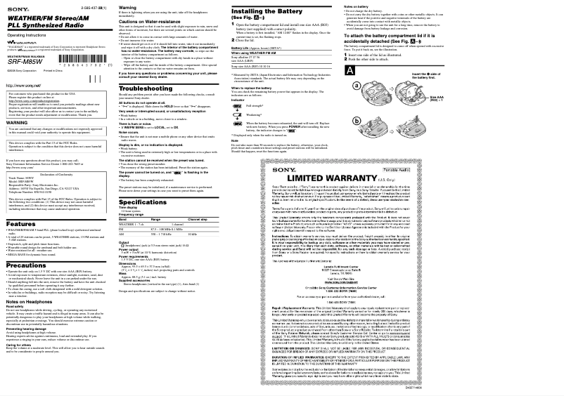 Imagen de la primera página del manual del dispositivo SRF-M85W
