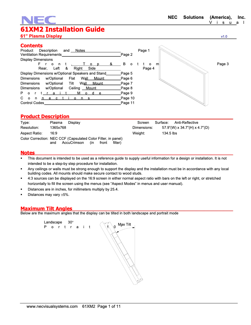 Imagen de la primera página del manual del dispositivo PlasmaSync 61XM2