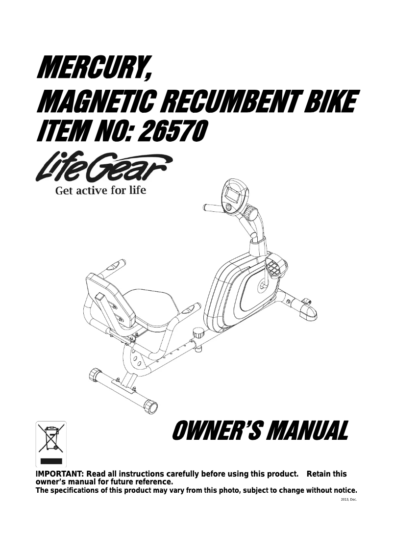 Imagen de la primera página del manual del dispositivo Mercury Magnetic Recumbent Bike 26570