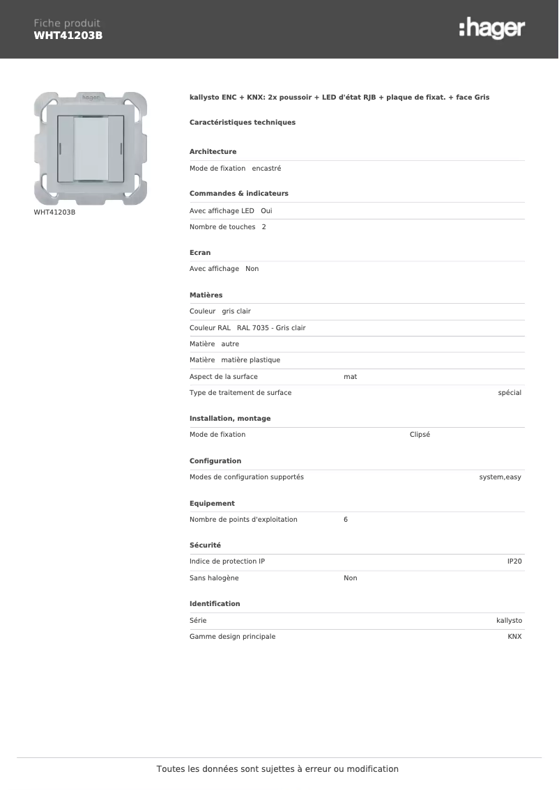 Página 1 del manual Ficha técnica Hager WHT41203B