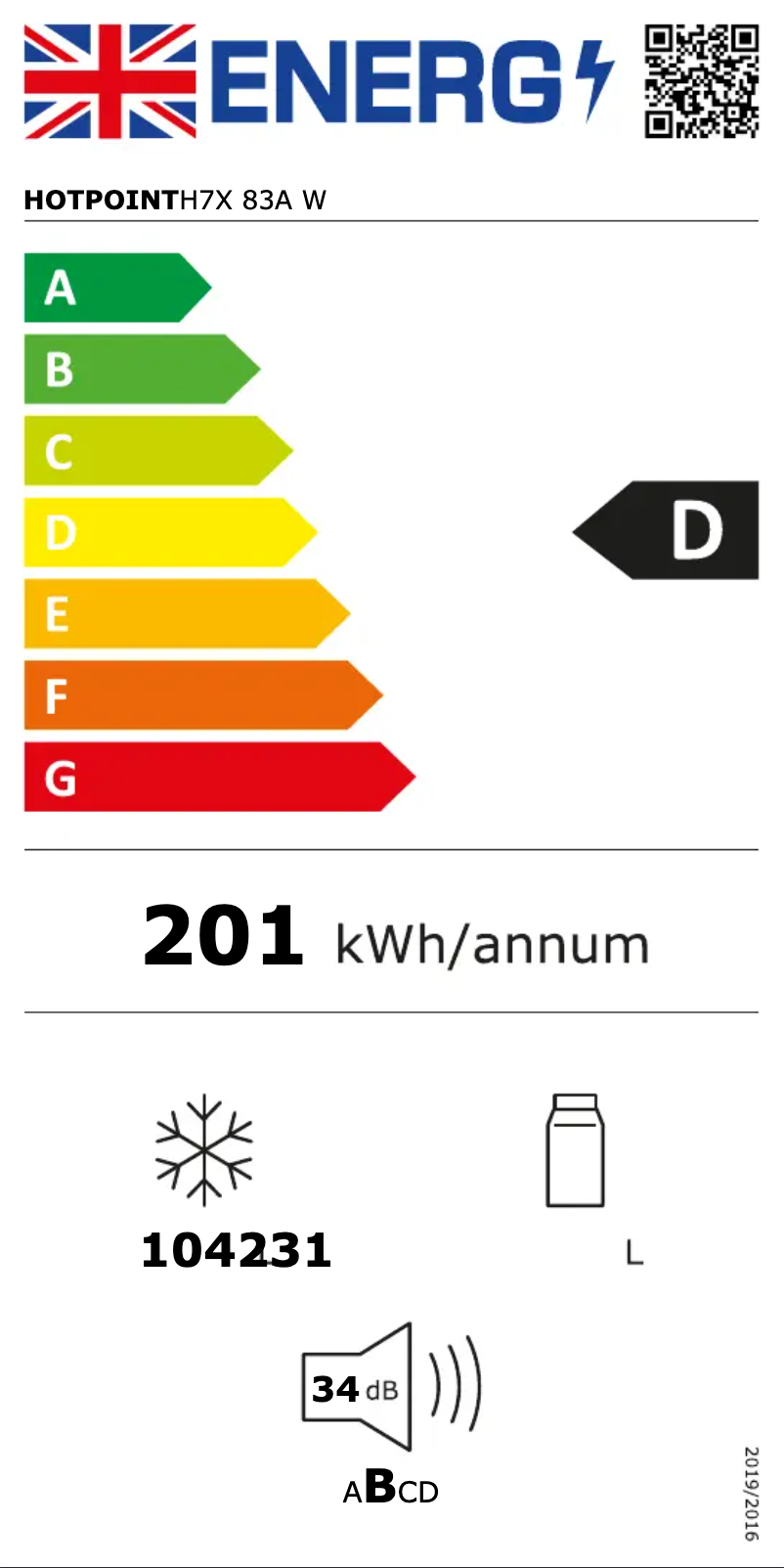 Página 1 del manual Etiqueta energética Hotpoint H7X 83A W