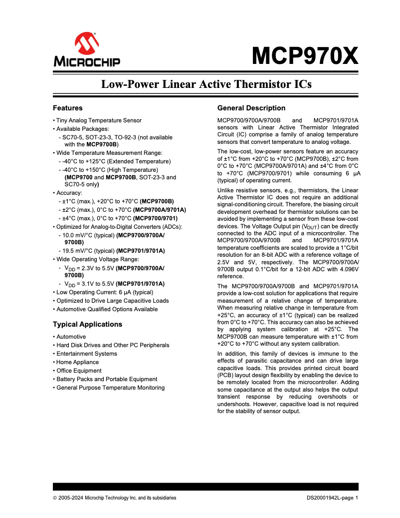 Página nº 1 - Ficha técnica Microchip MCP9700A