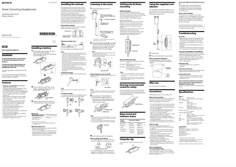 Imagen de la primera página del manual del dispositivo MDR-NC100D