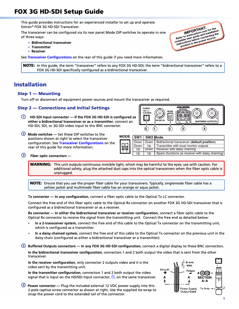 Página 1 del manual Manual de usuario Extron FOX 3G HD-SDI P SM