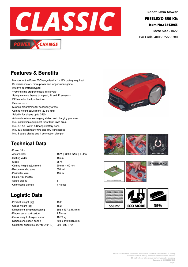 Página 1 del manual Ficha técnica Einhell Freelexo 550