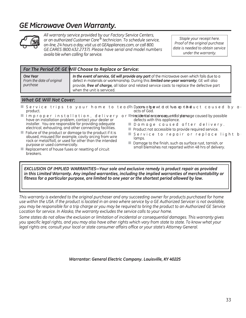 Página 1 del manual Información de garantía GE PVM9179EKES