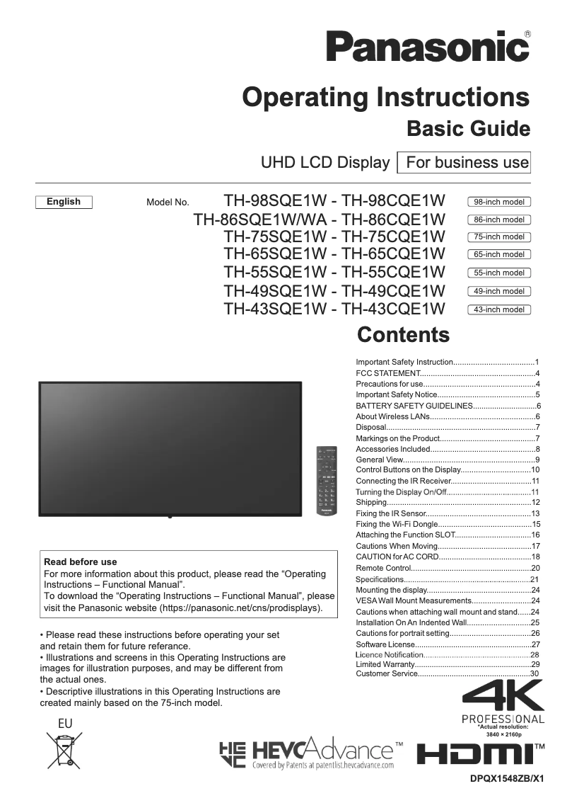Imagen de la primera página del manual del dispositivo TH-86SQE1WA