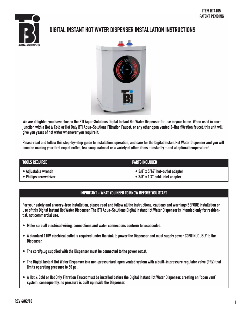 Página 1 del manual Guía de instalación BTI Aqua-Solutions HT4105