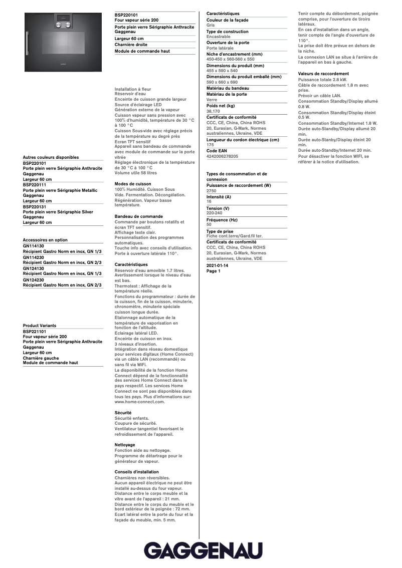 Página 1 del manual Ficha técnica Gaggenau BSP220101