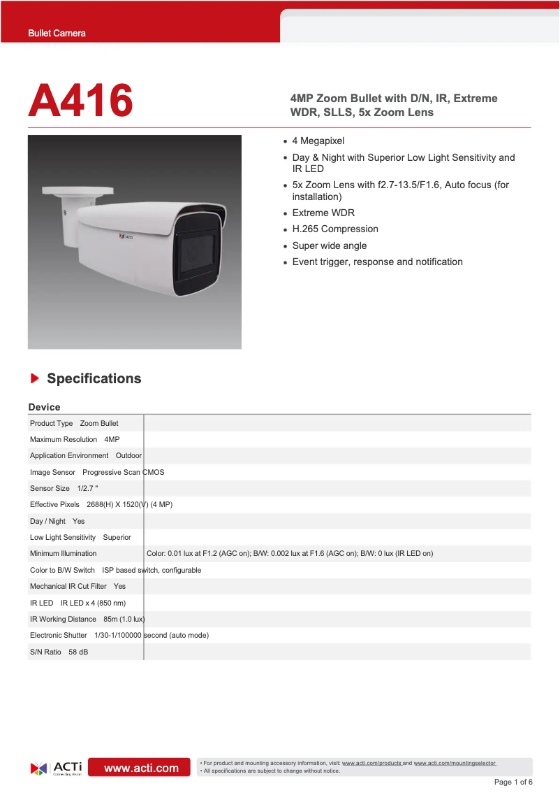 Página 1 del manual Ficha técnica ACTi A416