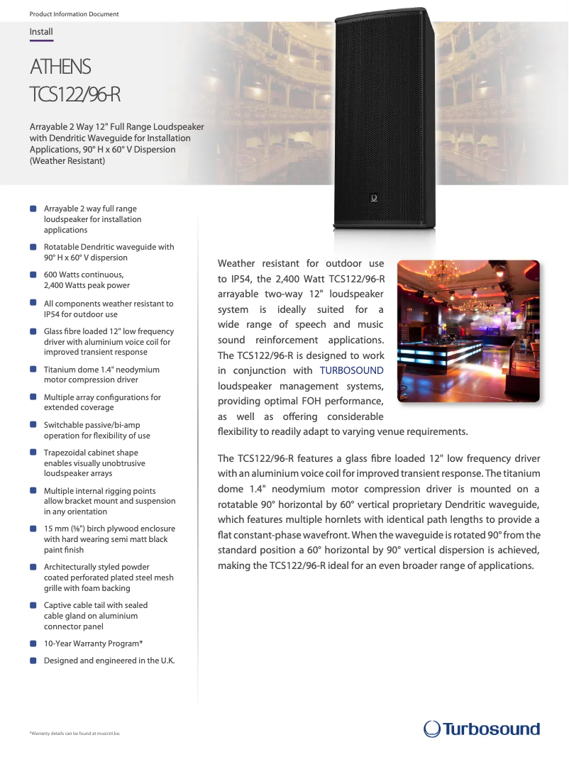 Página 1 del manual Ficha técnica Turbosound Athens TCS122/96-R