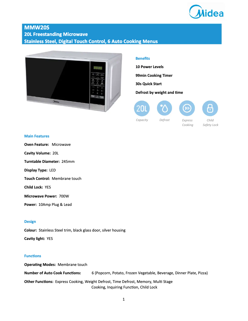 Página 1 del manual Ficha técnica Midea MMW20S